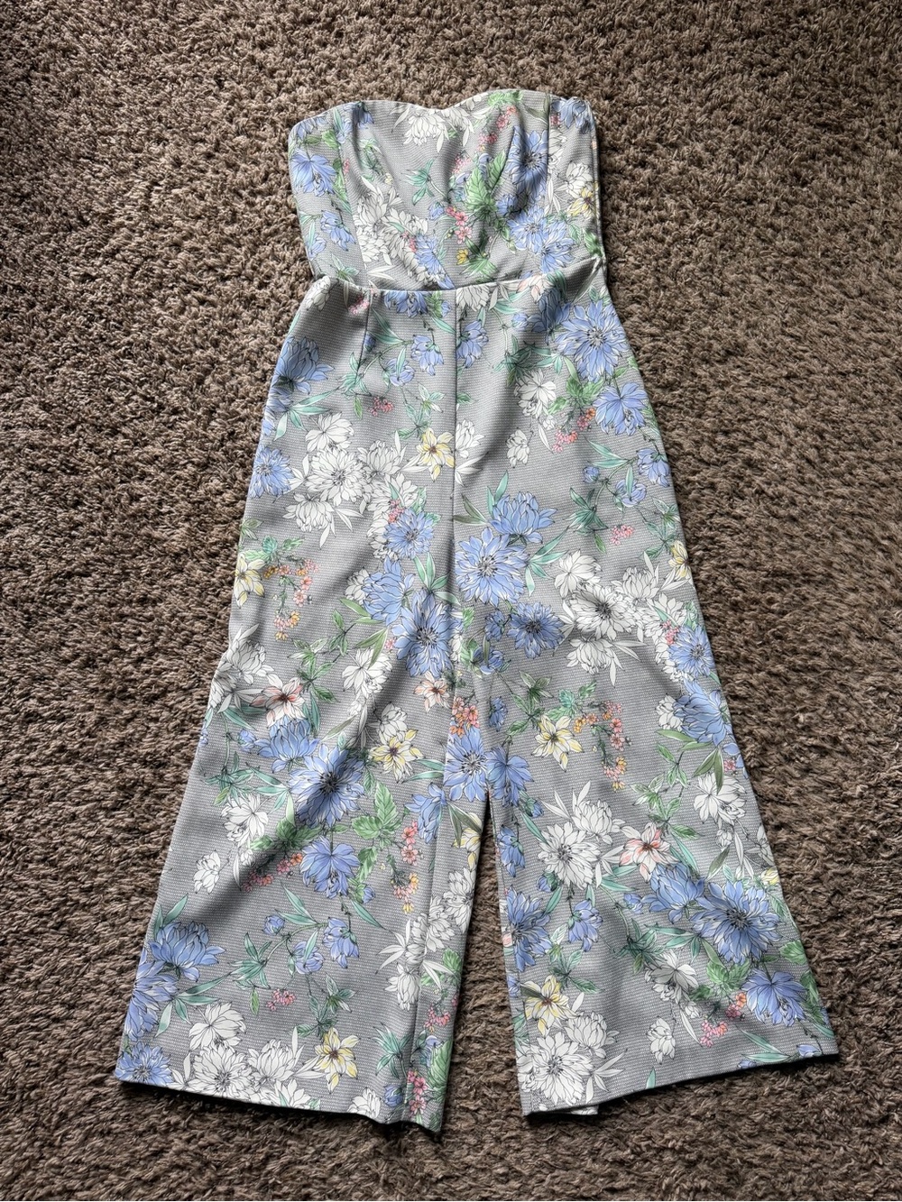 H&M Strapless Floral Wide Leg Jumpsuit Size 6 Blue White Grey Cropped Culotte